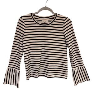 Madewell Striped Top Cream Ivory Black Small Bell Sleeve Crew Neck Cotton Blend